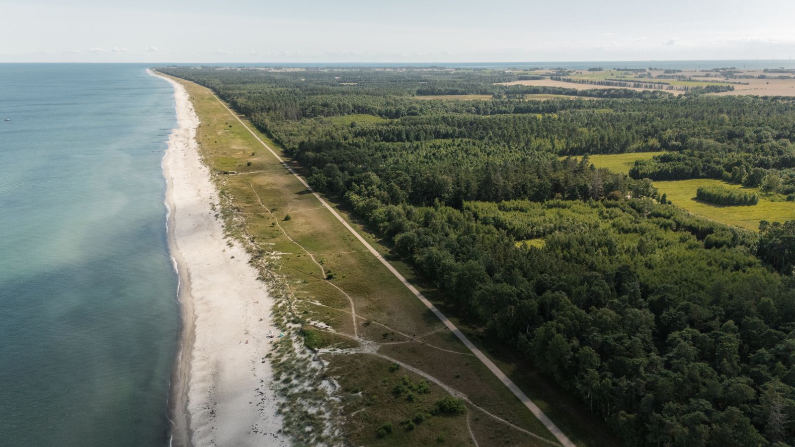 Dronefoto af Marielyst Strand og Bøtø skoven
