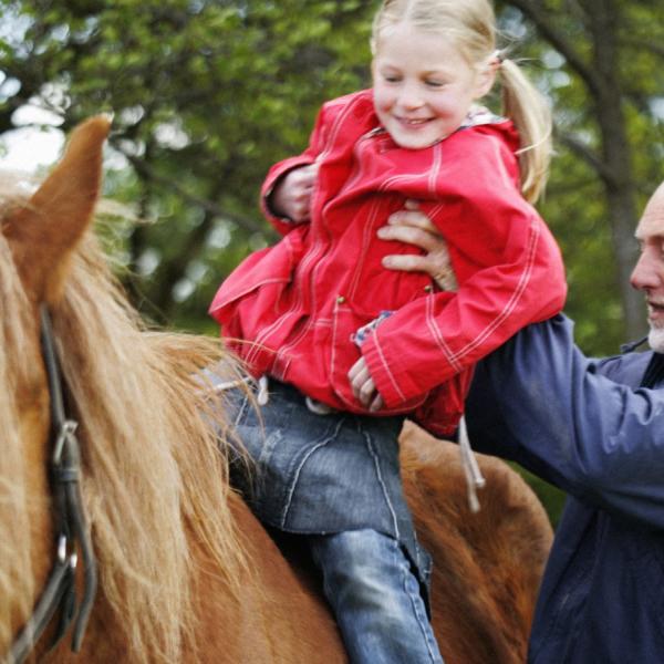 Bedstefar løfter barn op på hest