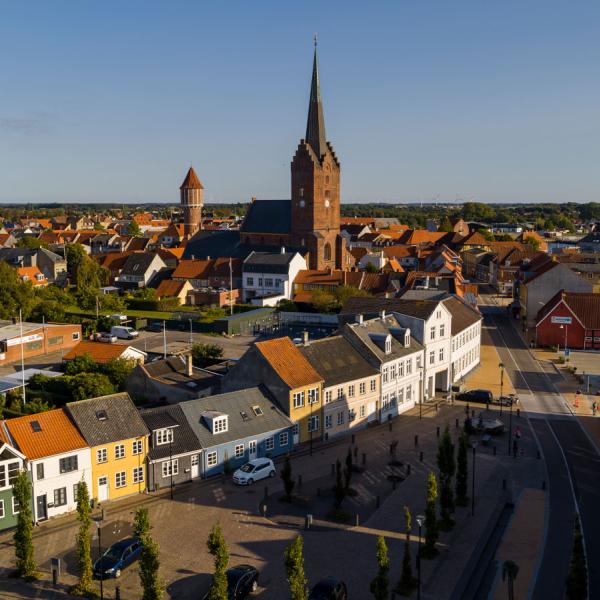 Nakskov town Sankt Nikolai Church aerial view